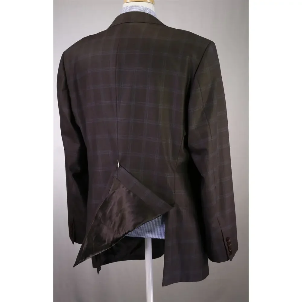 Armani Collezioni Brown w/ Sky Blue Windowpane Wool 2-Btn Sportcoat Blazer 44L